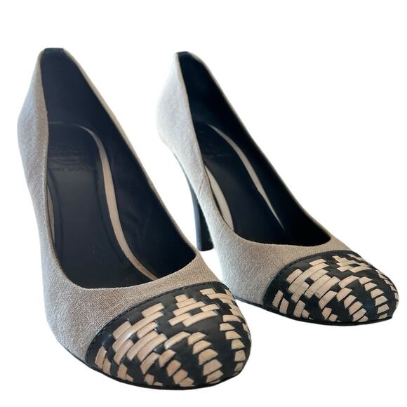 TORY BURCH Woven Leather 3" Stiletto Heels Pumps Sz 9 Blue Tan Round Cap Toe - Picture 2 of 9